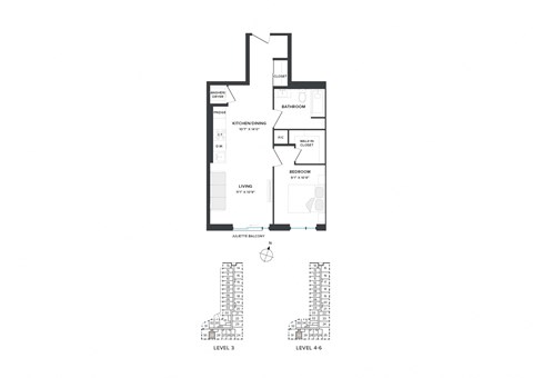 Floor plan for 1 bed, 1 bath, 625 sqft